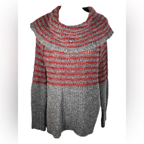Free People Engineered Cowl Neck Grey Red Stripe Sweater Medium - Picture 4 of 10